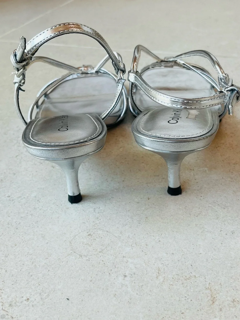 Calvin Klein Metallic Silver Strappy Slingback Heels